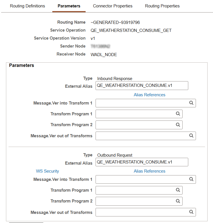 Routings - Parameters page