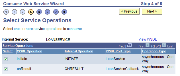 Select Service Operations page Select Service Operations page
