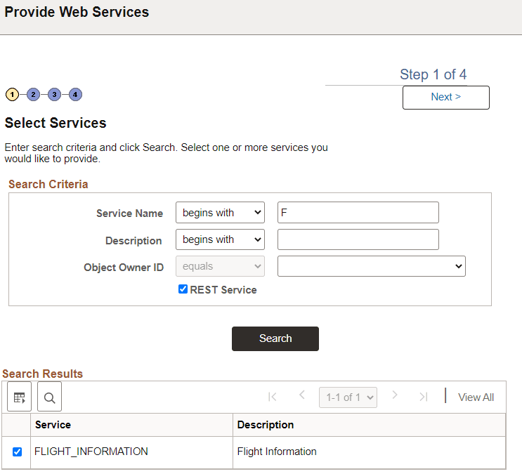 Select Services page with REST Service selected Select Services page with REST Service selected