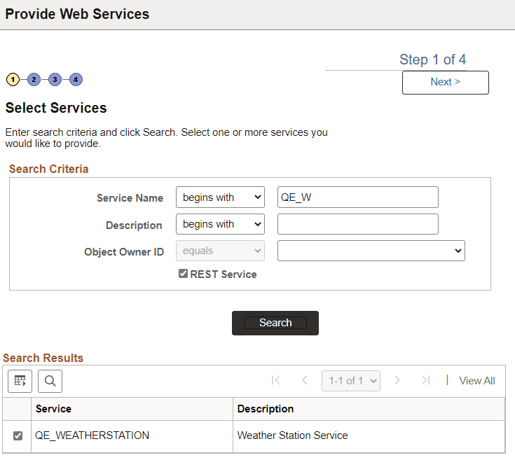 Select Services page to select a REST service Select Services page to select a REST service