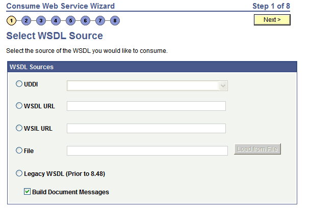Select WSDL Source page Select WSDL Source page
