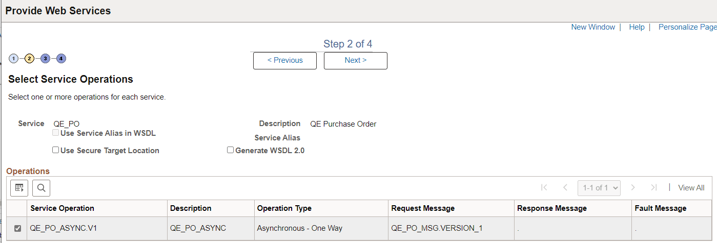 Select Service Operations page
