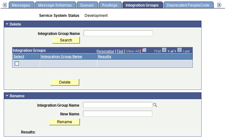 Service Administration - Integration Groups page Service Administration - Integration Groups page