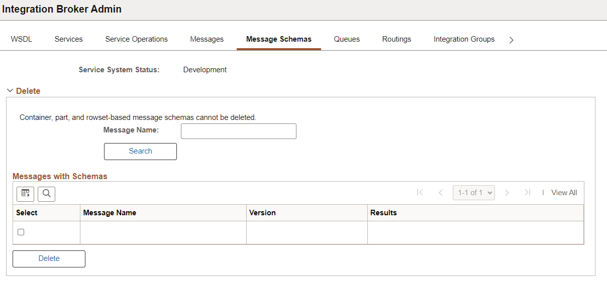 Service Administration - Message Schema page Service Administration - Message Schema page