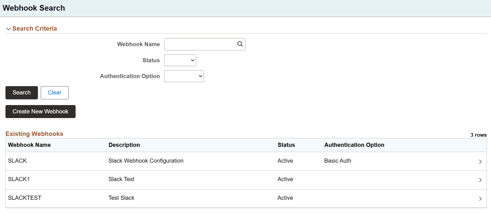 Webhook Search page Webhook Search page