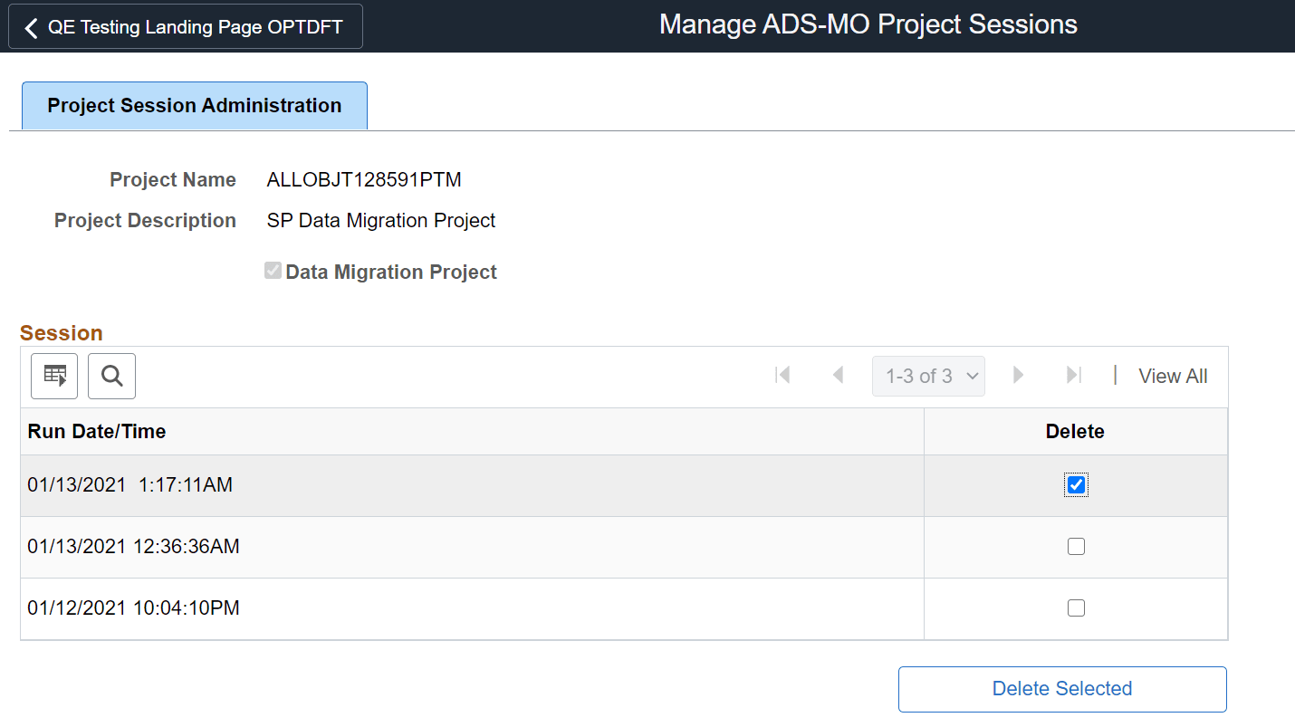 Project Session Administration Page