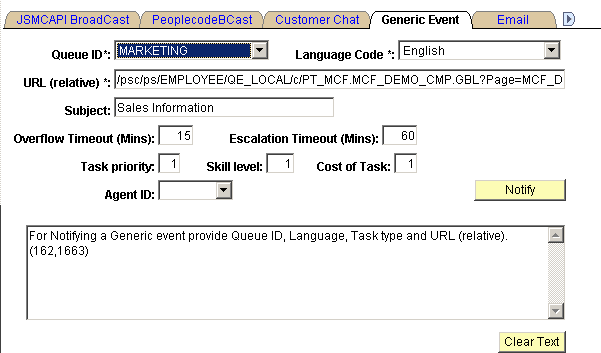 The Generic Event page having the following editable fields - Queue ID, Language Code, URL (relative), Subject, Overflow Timeout in minutes, Escalation Timeout in minutes, Task Priority, Skill Level, Cost of Task and Agent ID The Generic Event page having the following editable fields - Queue ID, Language Code, URL (relative), Subject, Overflow Timeout in minutes, Escalation Timeout in minutes, Task Priority, Skill Level, Cost of Task and Agent ID