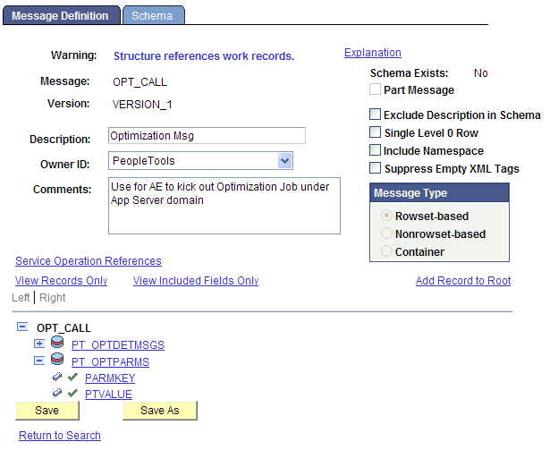 Message Definition page - OPT_CALL message definition Message Definition page - OPT_CALL message definition