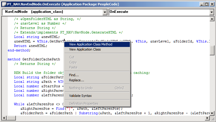 Context menu with options to view application classes and methods Context menu with options to view application classes and methods
