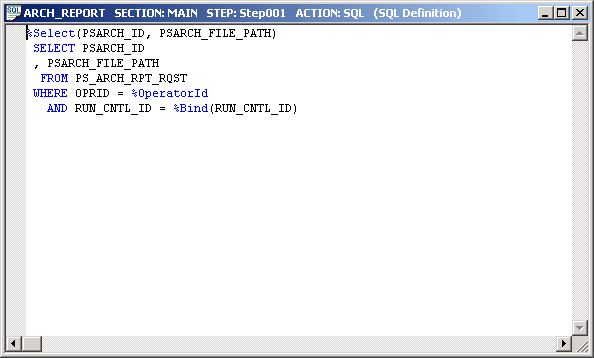 Example of an Application Engine program in the SQL Editor window Example of an Application Engine program in the SQL Editor window