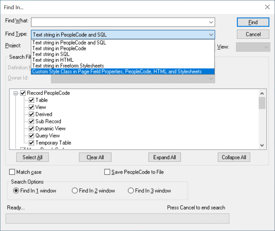 Example of the Find In dialog box showing options for Find Type Example of the Find In dialog box showing options for Find Type