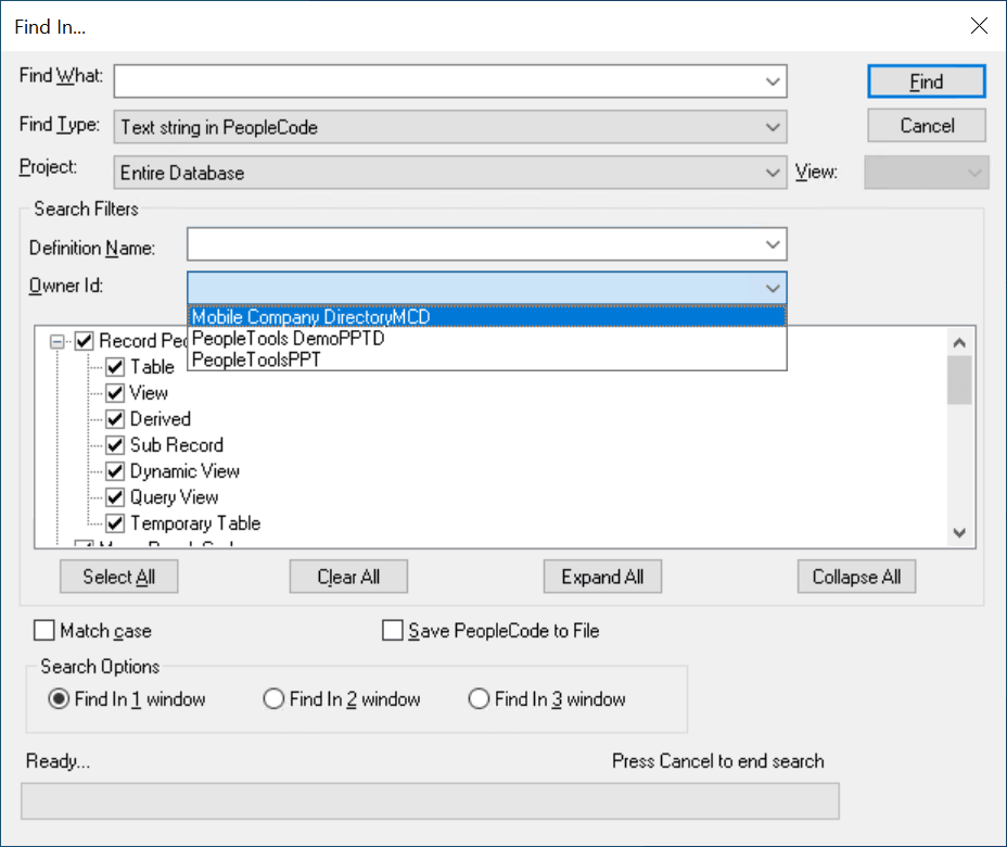 Example of the Find In dialog box showing options for Owner ID Example of the Find In dialog box showing options for Owner ID