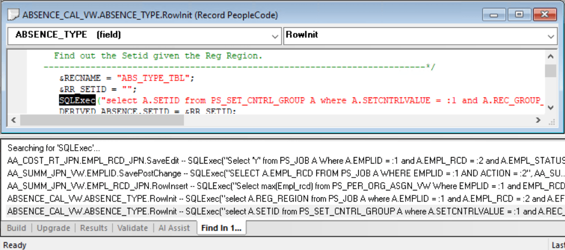 Opening a PeopleCode program from the Find In tab Opening a PeopleCode program from the Find In tab