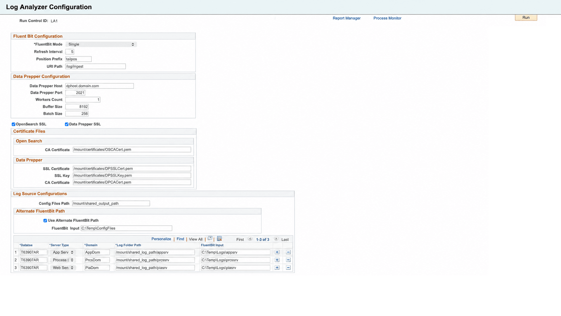 Log Analyzer Configuration page Log Analyzer Configuration page