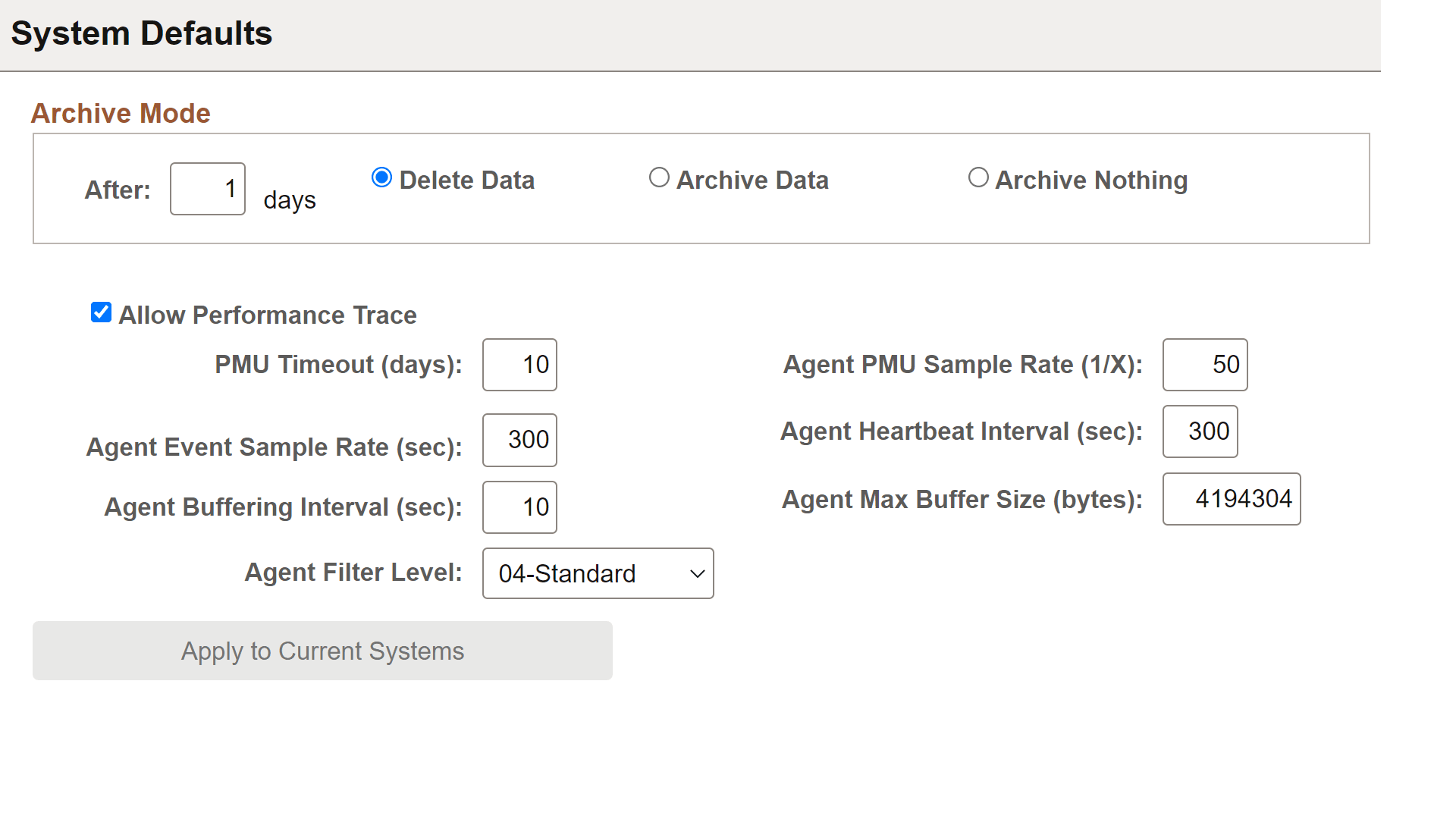 System Defaults page