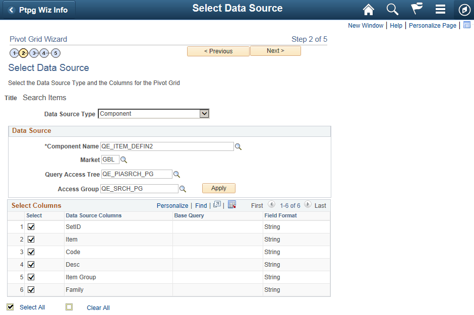 Select Data Source page - Component Select Data Source page - Component
