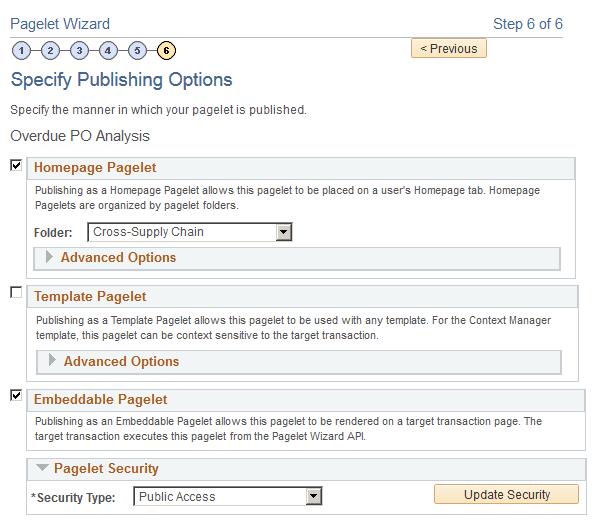 Specify Publishing Options page Specify Publishing Options page
