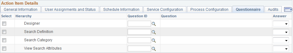 Action Item Details - Questionnaire tab Action Item Details - Questionnaire tab