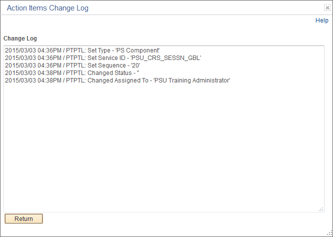 Action Items Change Log page Action Items Change Log page