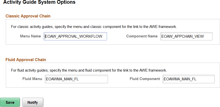 Activity Guide System Options page Activity Guide System Options page