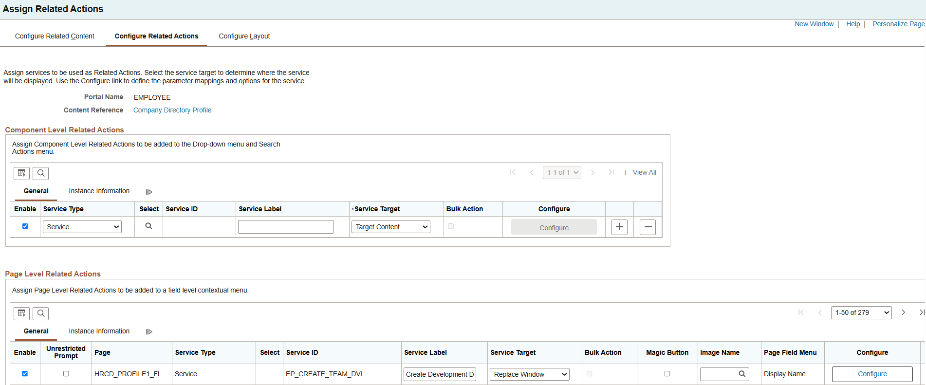 Configure Related Actions page