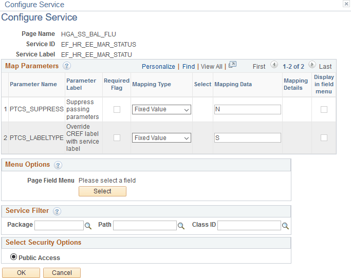 Configure Service page with service parameters Configure Service page with service parameters