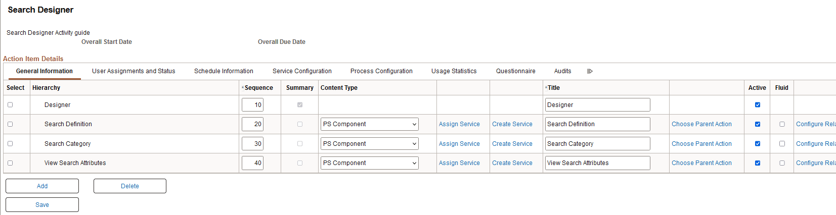Example action item list for an activity guide template