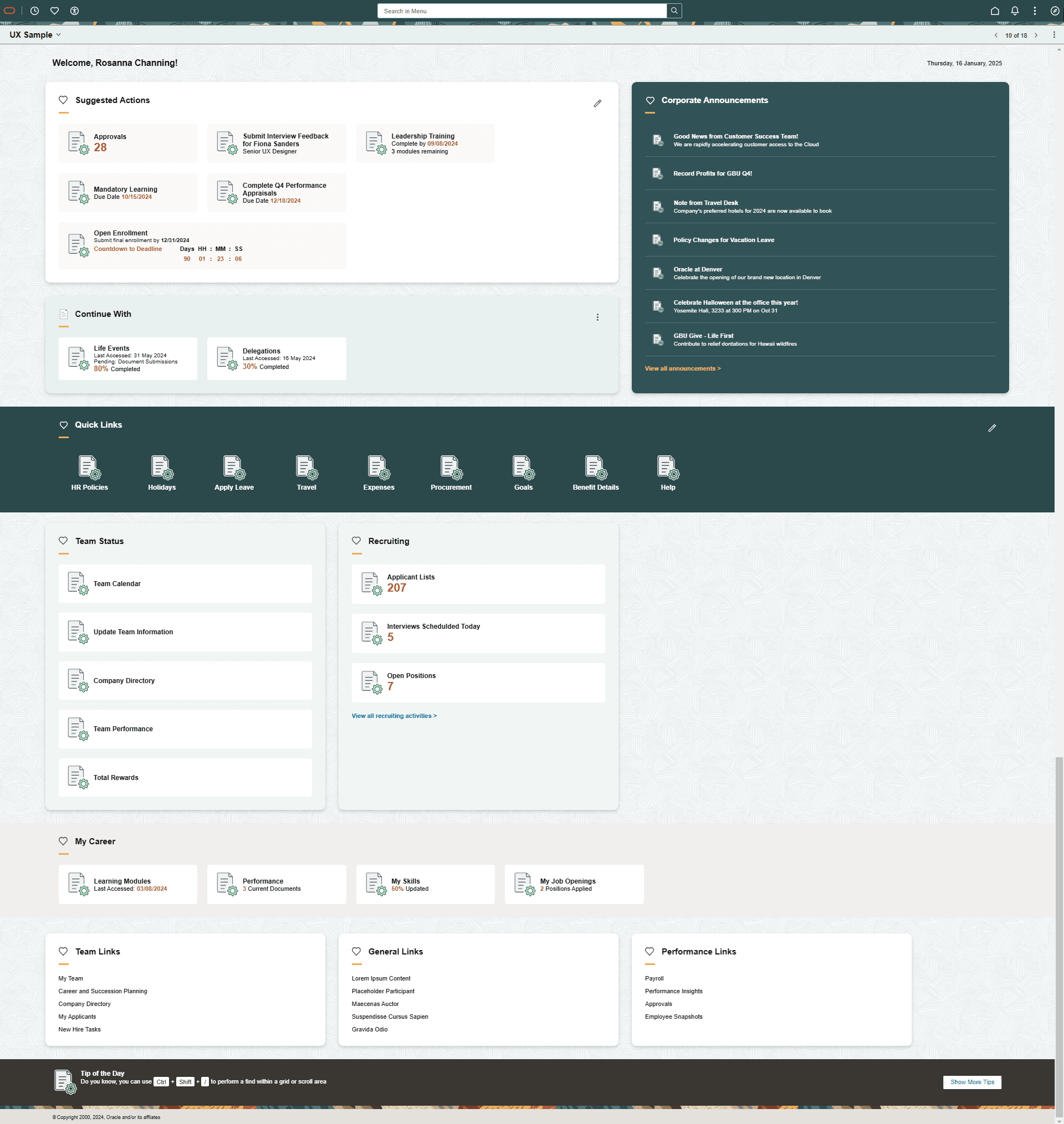 Homepage with sections and tiles