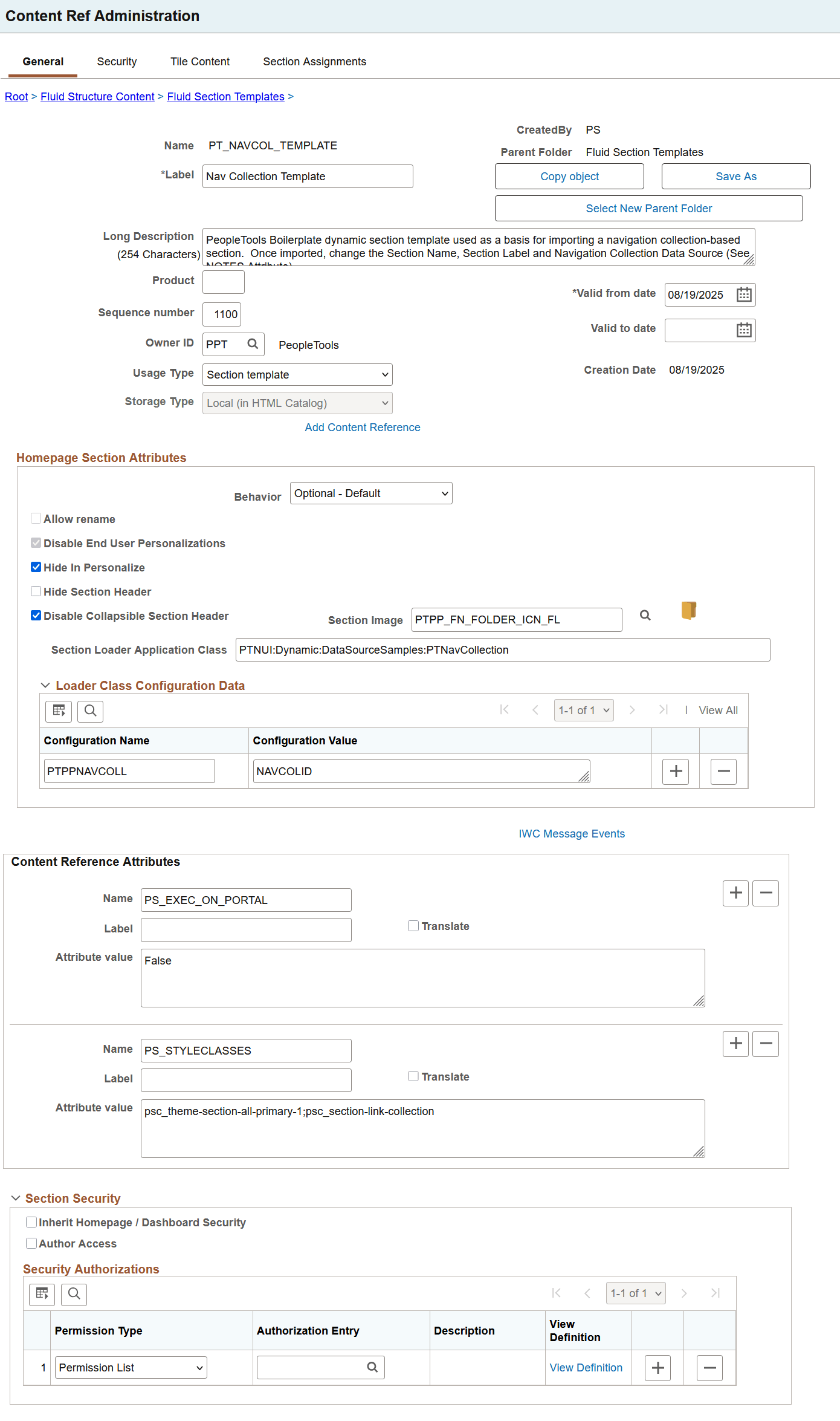 Administration page for a section template definition Administration page for a section template definition