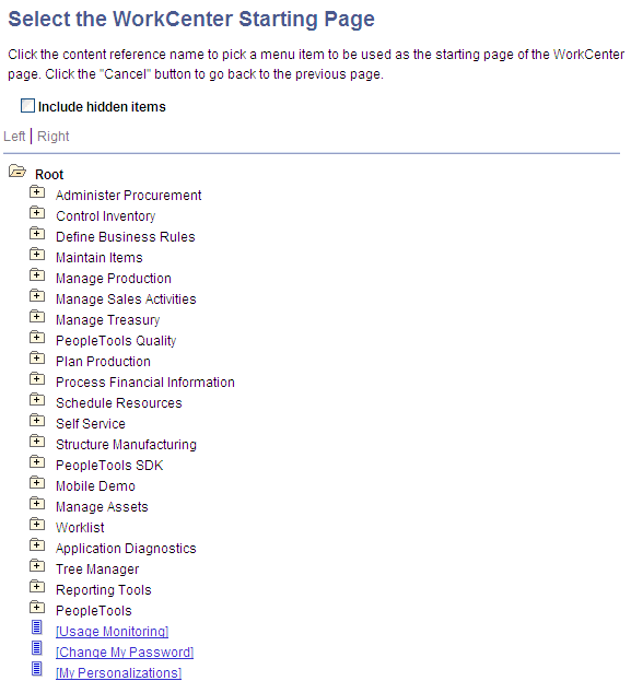 Select the WorkCenter Starting Page page