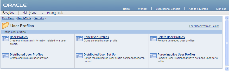 Standard navigation page for the User Profiles folder Standard navigation page for the User Profiles folder