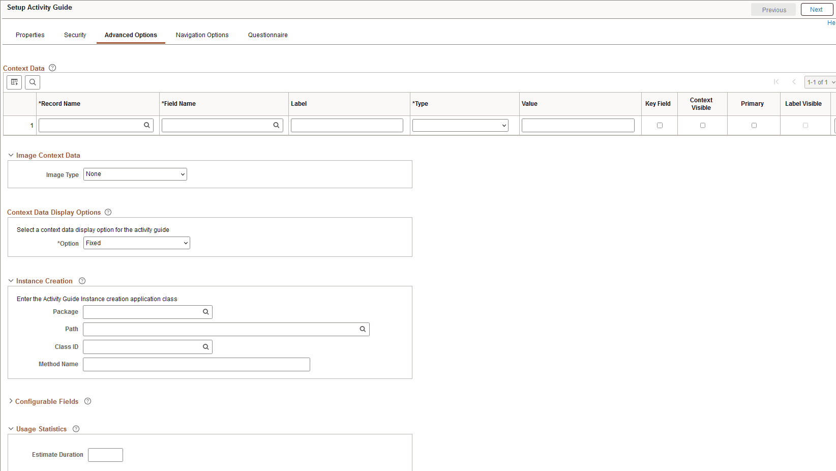 Template Properties: Advanced Options page