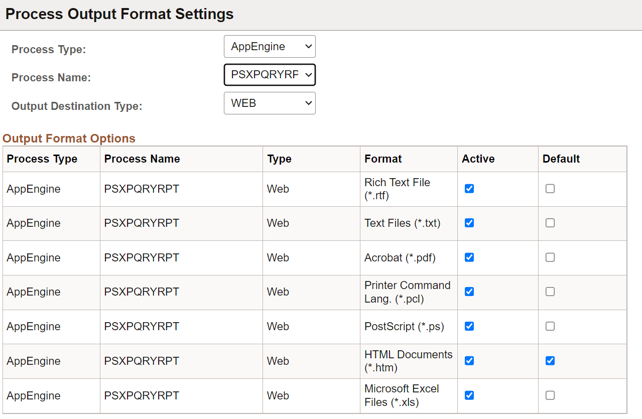 Process Output Format Settings page Process Output Format Settings page