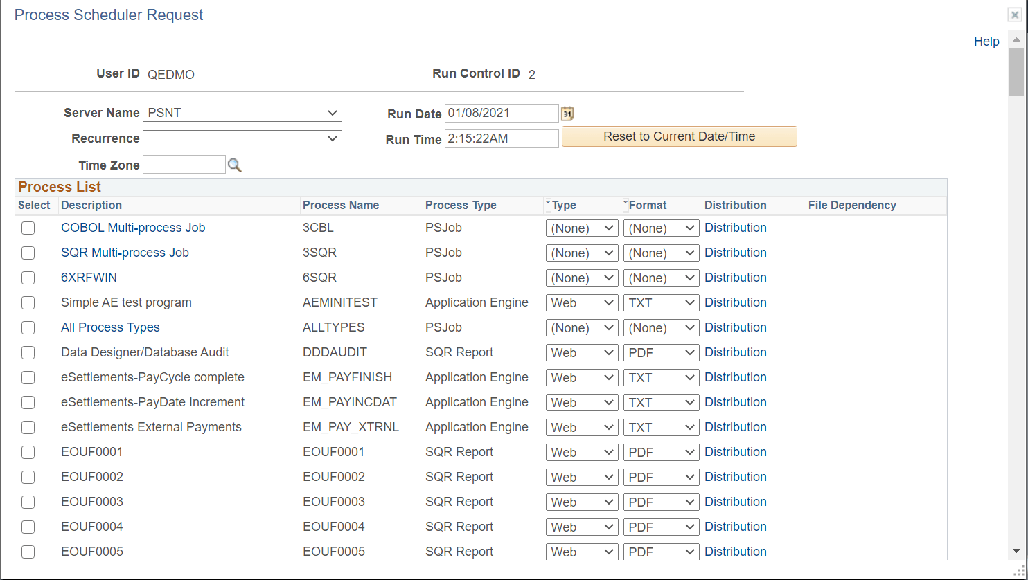 Process Scheduler Request page Process Scheduler Request page
