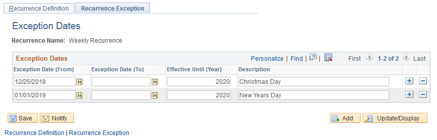 Recurrence Exception page Recurrence Exception page