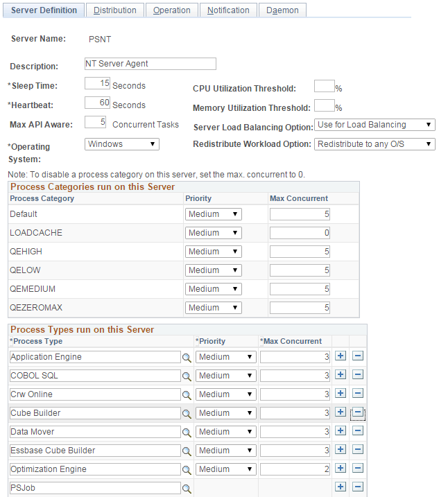 Server Definition page