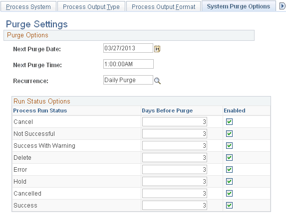 System Purge Options page