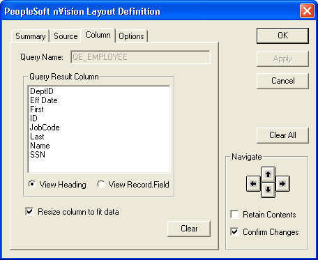 PeopleSoft nVision Layout Definition dialog box: Column Tab PeopleSoft nVision Layout Definition dialog box: Column Tab