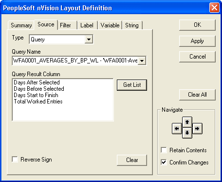 PeopleSoft nVision Layout Definition dialog box: Source tab PeopleSoft nVision Layout Definition dialog box: Source tab