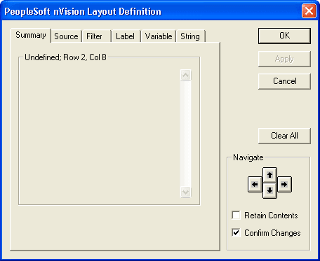 PeopleSoft nVision Layout Definition dialog box: Summary tab PeopleSoft nVision Layout Definition dialog box: Summary tab