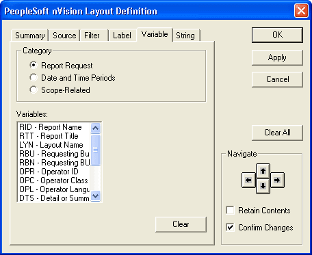 PeopleSoft nVision Layout Definition dialog box: Variable tab PeopleSoft nVision Layout Definition dialog box: Variable tab