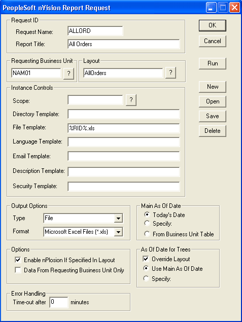 PeopleSoft nVision Report Request dialog box PeopleSoft nVision Report Request dialog box