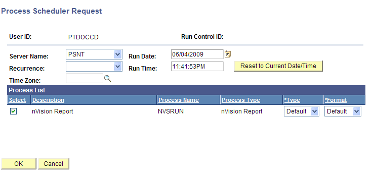 Process Scheduler Request page Process Scheduler Request page
