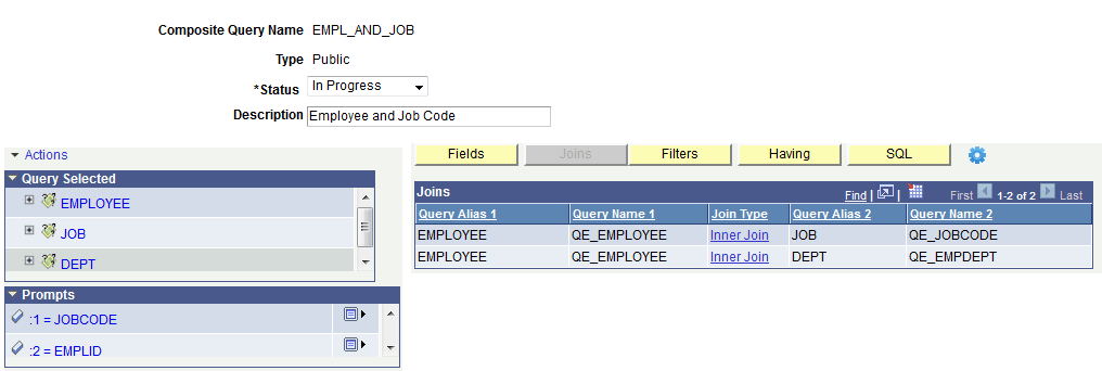 Composite Query Manager page – Joins section