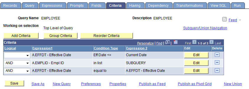 Criteria page when you are using a subquery Criteria page when you are using a subquery