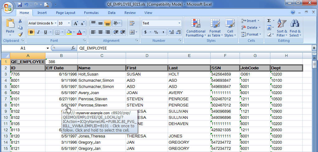 Example of query results as links in Microsoft Excel Example of query results as links in Microsoft Excel