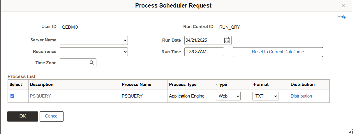 Process Scheduler Request page Process Scheduler Request page