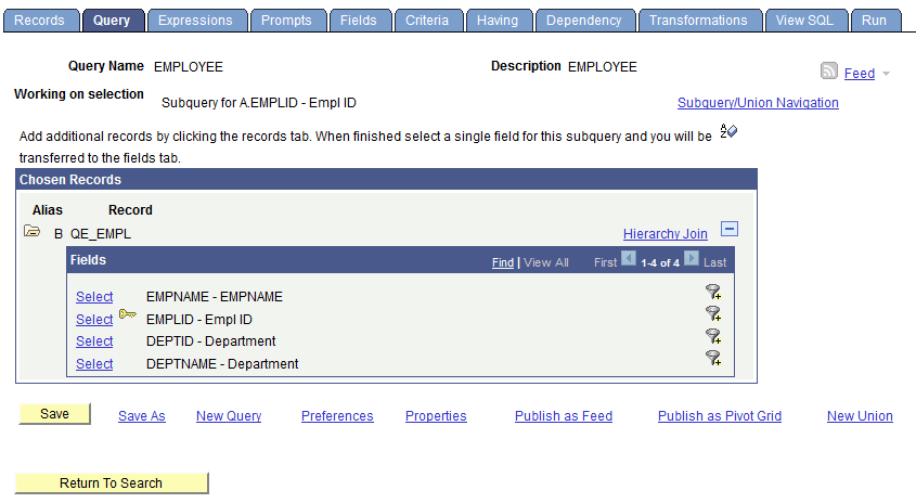 Query page when you are creating a subquery Query page when you are creating a subquery