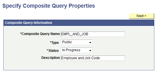 Specify Composite Query Properties page Specify Composite Query Properties page