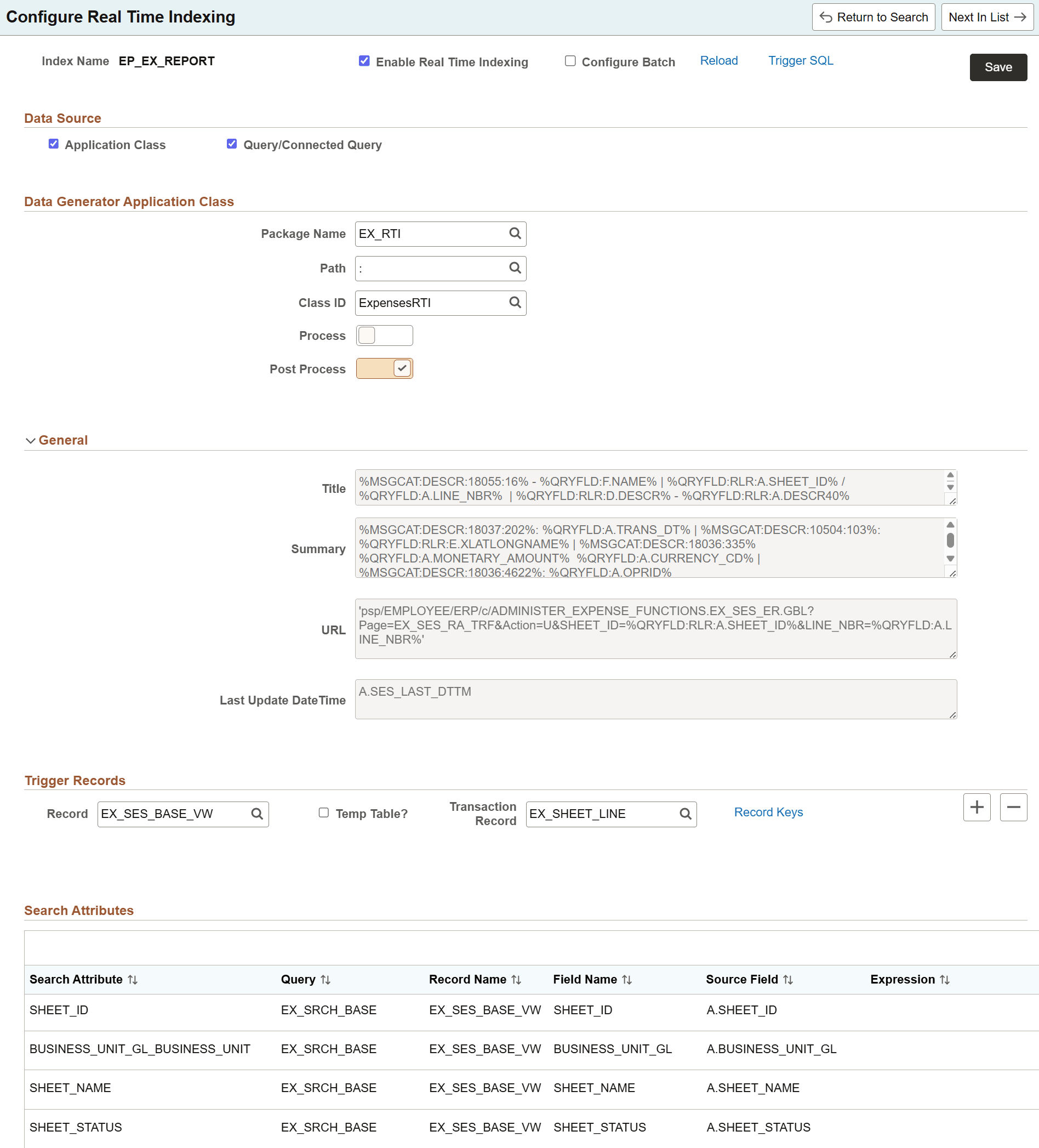 Configure Real Time Indexing page